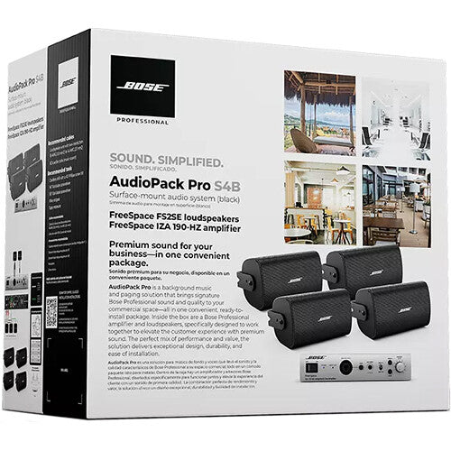 BOSE AudioPack Pro S4B  Sistema audio amplificador y altavoces Bose Professional, incluye FreeSpace FS2SE (4) altavoces de montaje en superficie y amplificador de zona integrado FreeSpace IZA 190-HZ (1) Color Negro