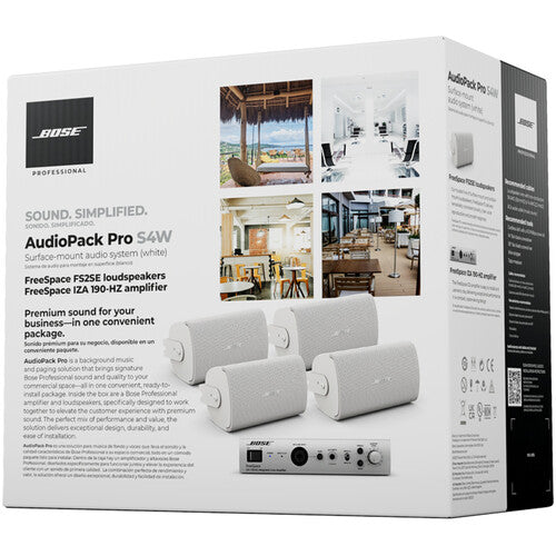 BOSE AudioPack Pro S4W  Sistema audio amplificador y altavoces Bose Professional, incluye FreeSpace FS2SE (4) altavoces de montaje en superficie y amplificador de zona integrado FreeSpace IZA 190-HZ (1) Color Blanco