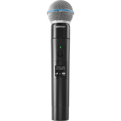 SHURE MXW2X/BETA58 Transmisor de micrófono de mano inalámbrico, con cápsula Beta 58A (1,9 GHz), autonomia de hasta 25 horas con batería SB908 incluida. Compatible con los sistemas Microflex Wireless neXt.