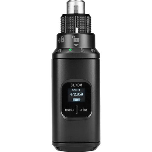 SHURE SLXD3 Transmisor digital XLR enchufable, Para micrófonos de mano y de cañón XLR, compatible con los receptores SLXD4, SLXD4D y SLXD5. Compacto y ligero,