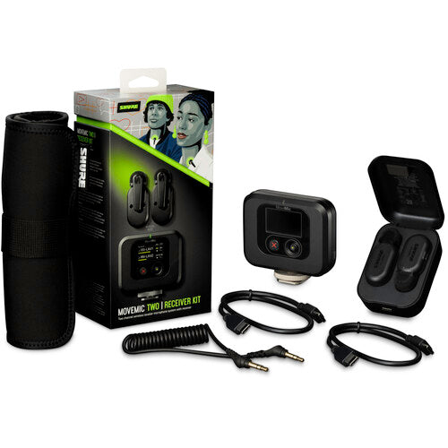 SHURE MV-TWO-KIT Micrófonos miniatura inalámbricos bluetooth, capturar audio profesional en teléfonos celulares, cámaras o computadoras. Sistema de micrófono inalámbrico con clip incluye el Receptor MoveMic compatibilidad cámaras DSLR, computadoras y etc