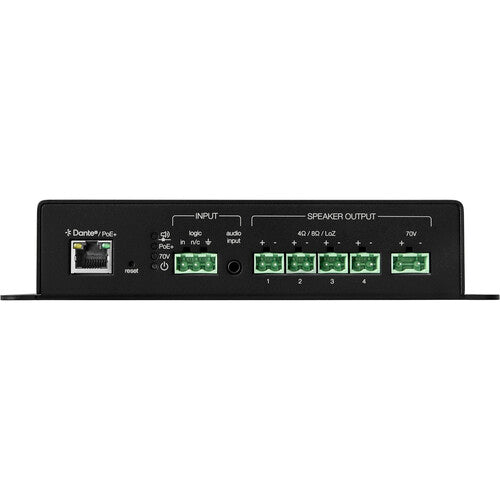 SHURE MXN-AMP Amplificador de conferencia en red compacto que cuenta con cuatro entradas y salidas Dante, una entrada analógica de 3,5 mm y una entrada Logic, así como cuatro salidas de altavoz Lo-Z y una única salida de altavoz de 70 V.