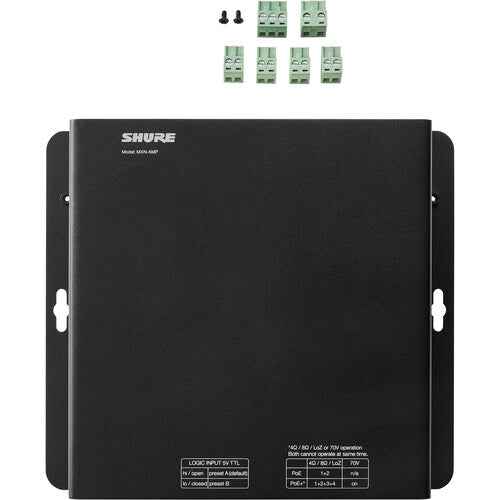 SHURE MXN-AMP Amplificador de conferencia en red compacto que cuenta con cuatro entradas y salidas Dante, una entrada analógica de 3,5 mm y una entrada Logic, así como cuatro salidas de altavoz Lo-Z y una única salida de altavoz de 70 V.