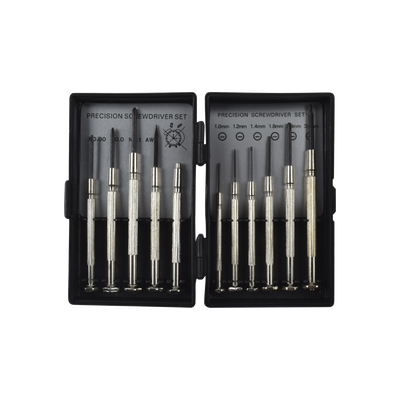 Juego de 11 Mini-desarmadores de Precisión; 6-Planos, 3-Phillips, 1-Punzón y 1-Magneto, almacenados en estuche de plástico.