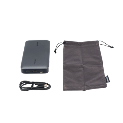 Power Bank de 20000mAh | 3 Salidas 100W Max. | USB-A + 2 USB-C | PD 3.0 | QC3.0 | FCP | SCP | Pantalla Inteligente | Carcasa Ignifuga | Color Gris | Incluye Cable USB de 50cm | Carga tu Laptop de Manera Segura.