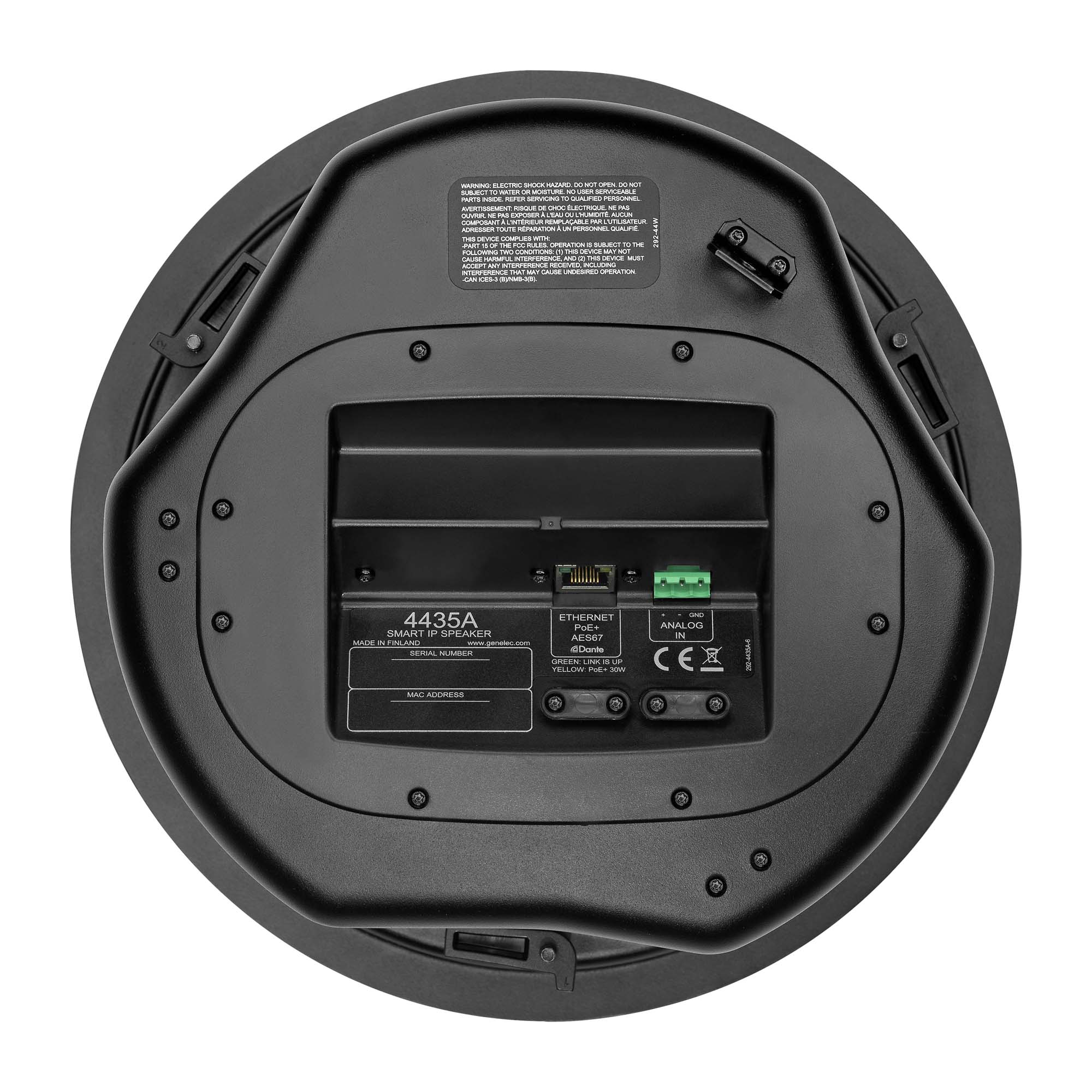 GENELEC 4435A Altavoz Smart IP Activo de Techo (PoE+ / Dante/AES67). Audio Premium de 104 dB SPL, 50W + 50W con un solo cable. Fácil Instalación y Calibración.