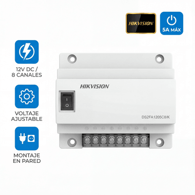 Fuente de Poder Regulada 12 Vcc / 13.5 Vcc / 15 Vcc para 8 Cámaras / 8 Amperes (1 Amp por Salida) / Voltaje de Entrada 90 - 130 VCA / Filtro de Ruido para Cámaras 4K / Modo para Largas Distancias