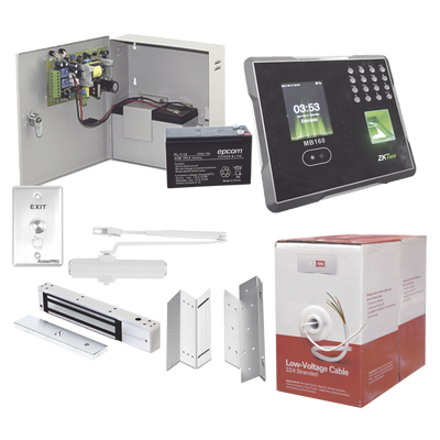 Sistema Completo de Acceso Y asistencia, Incluye Lector Biometrico MB160ID, Chapa magnética con bracket, Cierra puerta, Botón de Salida, Cable " Gratis ", y fuente profesional con Batería