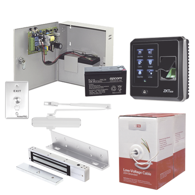 Sistema Completo de Acceso, Incluye Lector Biometrico SF300, Chapa magnética con bracket, Cierra puerta, Botón de Salida, Cable " Gratis ", y fuente profesional con Batería