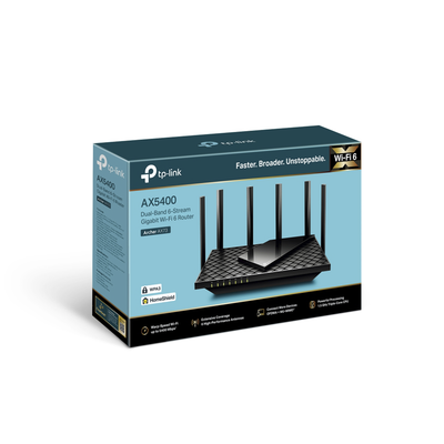 Router WiFi 6 Doble Banda / AX5400 MU-MIMO 4X4 y OFDMA / 1 puerto WAN 10/100/1000 Mbps / 4 puertos LAN 10/100/1000 Mbps / 1 puerto USB 3.0 /  6 potentes antenas / Administración App (Tether) o Página web / Protección HomeShield