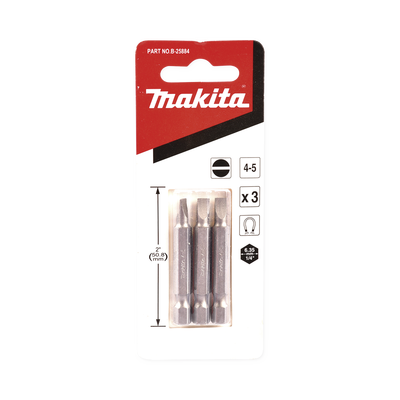 Punta plana para atornillar de 4-5 x 50 mm forma “E”, zanco tipo hexagonal de 1/4" con punta magnética, blíster con 3 piezas.