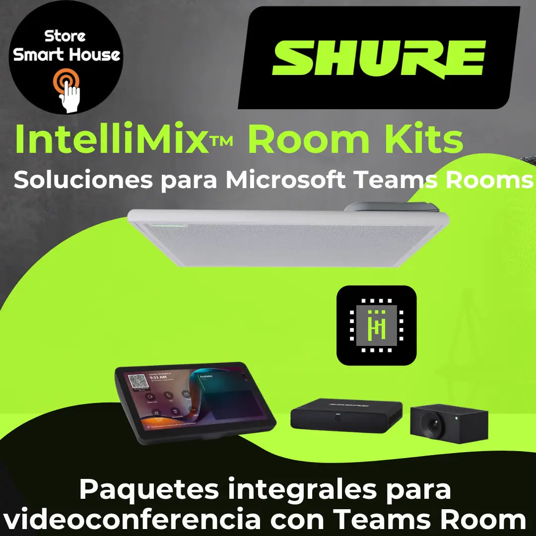 Banner de Shure IntelliMix Room Kits: Solución completa de audio certificado para Microsoft Teams y Zoom con tecnología DSP de Shure.