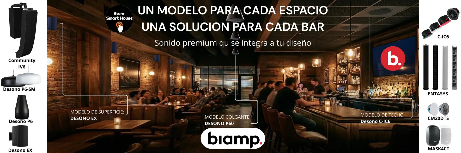 Banner de soluciones de audio Biamp para bares y restaurantes, destacando bocinas de superficie Desono EX, colgantes Desono P60 y de techo C-IC6 en un bar moderno