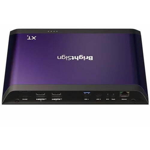 Panel de conexiones expandidas del BrightSign XT1145, mostrando entradas y salidas HDMI, Gigabit Ethernet PoE+, USB Tipo A y Tipo C, RS-232 y GPIO.