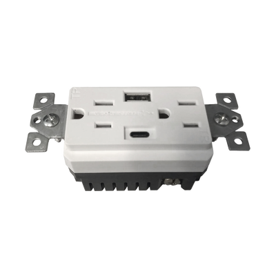 Contacto Dúplex con puertos USB Tipo A y C, 15 A, 100 - 240 V, USB 5 V, Incluye la Placa.
