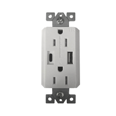 Contacto Dúplex con puertos USB Tipo A y C, 15 A, 100 - 240 V, USB 5 V, Incluye la Placa.