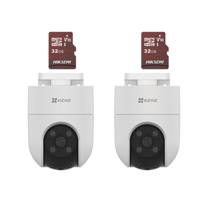 Kit de Camaras WiFi, Incluye 2 Piezas CS-H8C/5MP y 2 Piezas HS-TF-E1/32G / Audio de Dos Vías / Detección de Movimiento /  Luz Estroboscópica / Sirena  /  Uso en Exterior con Protección