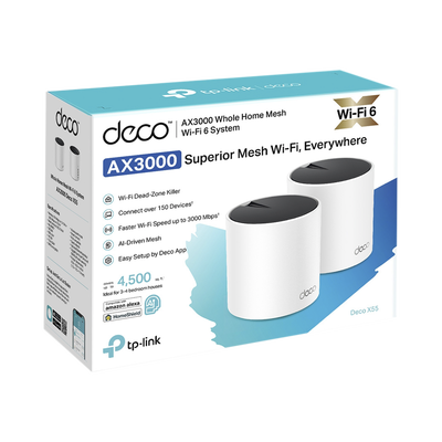Kit 2 Routers Inalámbricos MESH Interior para Hogar / Doble Banda Wi-Fi 6 AX3000 Mbps / 3 Puerto Gigabit WAN/LAN / 2 Antenas Internas / Administración Mediante la App Deco (iOS, Android) / Protección HomeShield