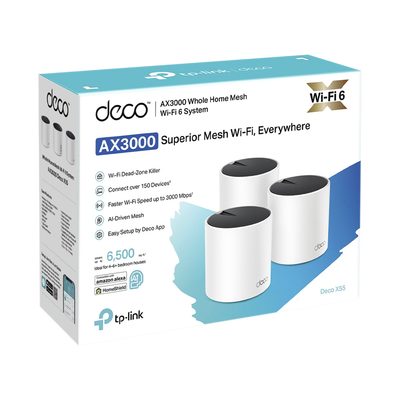 Kit 3 Routers Inalámbricos MESH Interior para Hogar / Doble Banda Wi-Fi 6 AX3000 Mbps / 3 Puerto Gigabit WAN/LAN / 2 Antenas Internas / Administración Mediante la App Deco (iOS, Android) / Protección HomeShield