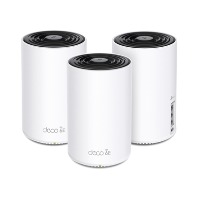Kit 3 Routers Inalámbricos MESH Interior para Hogar / Doble Banda Wi-Fi 6E AX5400 Mbps / 3 Puerto Gigabit WAN/LAN / 4 Antenas Internas / Administración Mediante la App Deco (iOS, Android) / Protección HomeShield