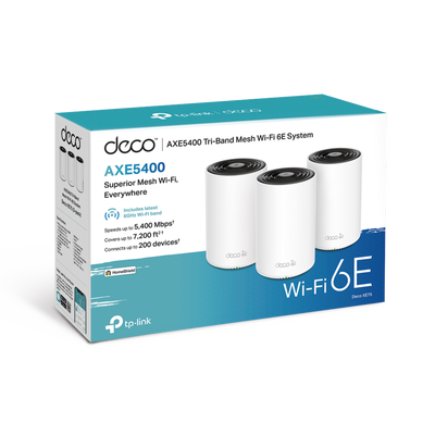 Kit 3 Routers Inalámbricos MESH Interior para Hogar / Doble Banda Wi-Fi 6E AX5400 Mbps / 3 Puerto Gigabit WAN/LAN / 4 Antenas Internas / Administración Mediante la App Deco (iOS, Android) / Protección HomeShield