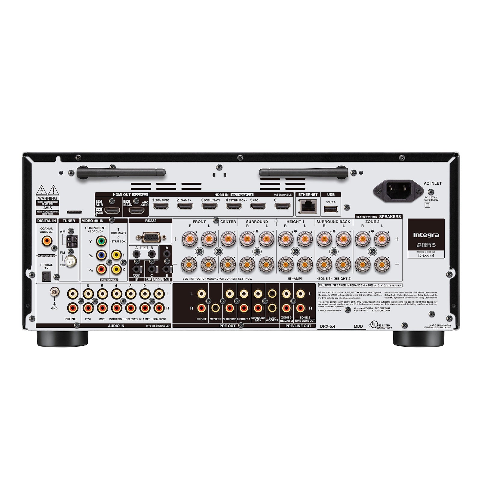 Integra DRX-5.4 Receptor A/V. THX Certified de 9.2 ch (120W/ch) con procesamiento 11.2 ch. Vídeo 8K/60p y 4K/120p (HDMI 2.1) Soporte Dolby Atmos/DTS:X y Dirac Live. Ideal para instalación personalizada y audio multizona (Zona 2/3). Receptor premium