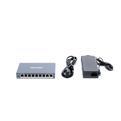 Switch PoE+ / Monitoreable / 8 Puertos 10/100 Mbps PoE+ / 1 Puerto 1000 Mbps de Uplink / Configuración Nube Hik-PartnerPro / Modo Extendido hasta 300 Metros / 110 W