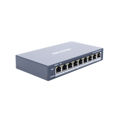 Switch PoE+ / Monitoreable / 8 Puertos 10/100 Mbps PoE+ / 1 Puerto 1000 Mbps de Uplink / Configuración Nube Hik-PartnerPro / Modo Extendido hasta 300 Metros / 110 W
