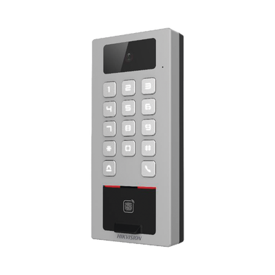 Terminal de Control de Acceso / Videoportero Multiapartamento Llamada a App / Teclado / Exterior Antivandálico IP65 & IK09 / Huella, Tarjeta, Código QR, PIN o App Hik-Connect  / Cámara 2 MP compatible con NVRs