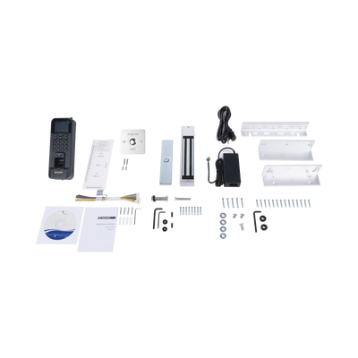 Kit de Control de Acceso TODO INCLUIDO con Lector de Huellas y Tarjetas / 3,000 Huellas / Compatible con App Hik-Connect / Incluye Electroimán  Botón de Salida y Montajes Z y L para imán (DS-K1T804)