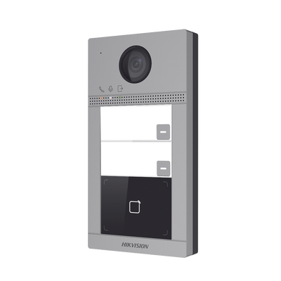 Videoportero IP 2 Megapixel / Llamada y Apertura Remota desde App Hik-Connect (requiere monitor) / PoE / Exterior IP65 + Antivandalico IK08 / 2 Departamentos / Apertura con Tarjeta / Soporta 2 Puertas y hasta 6 Monitores