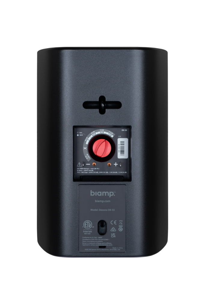 BIAMP Desono DX-S5-B Altavoz coaxial de alto rendimiento para montaje en superficie, interiores y exteriores, color negro, de 5" controlador de compresión de alta frecuencia; funcionamiento a 8 ohmios o 70 V/100 V; incluye soporte ClickMount. PAR