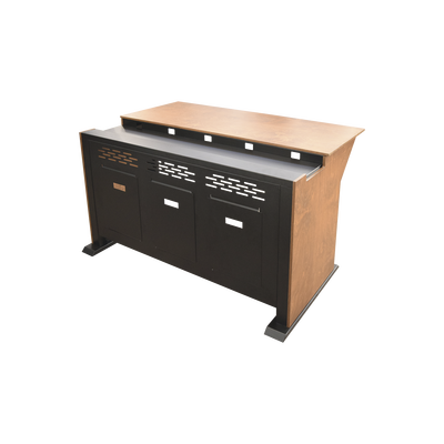 Consola Profesional para Monitoreo | Con Porta PC | Con Tomacorriente | Tapas Removibles | Color Negro y Nogal con Veta | Lamina de Acero Rolado Calibre 18 | Pintura en Polvo Electrostática.