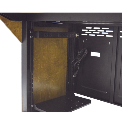 Consola Profesional para Monitoreo | Con Porta PC | Con Tomacorriente | Tapas Removibles | Color Negro y Nogal con Veta | Lamina de Acero Rolado Calibre 18 | Pintura en Polvo Electrostática.