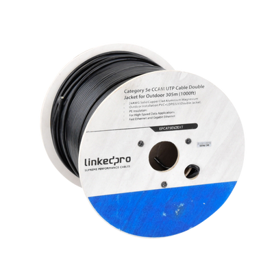 Bobina de cable de 305 m (1000 ft) Cat5e, Aleación de Cobre y Aluminio (CCA), color Negro, Uso Intemperie, Doble Forro