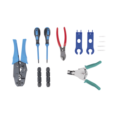 Juego de Herramientas y Accesorios, para Instalación de Sistema Solar. Incluye: Pinzas (3), Desarmadores (2), Llaves (2) y Accesorios (7).