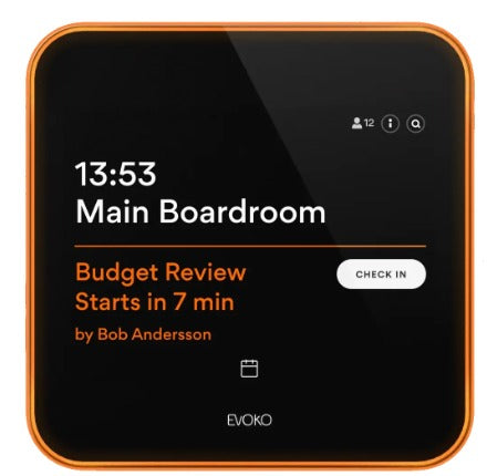 EVOKO LISO Sistema de reservación de salas, Intuitivo Interfaz de pantalla táctil de 8" fácil de usar. Indicadores luminicos de estado de ocupación configurable, Sensor de proximidad, PoE, WiFi, Puerto Ethernet, incluye kit de montaje a pared.