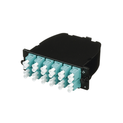 Casete OptiCom® de Fibra Óptica Multimodo OM3, Con 2 Conectores MPO a 12 LC Duplex, Polaridad Método A, Pérdida de Inserción Estándar