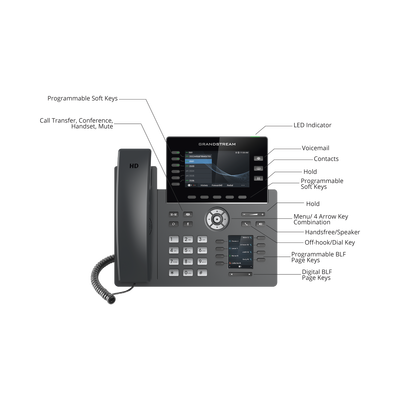 Teléfono IP Wi-Fi, Grado Operador, 6 líneas SIP con 6 cuentas, pantalla a color 4.3", puertos Gigabit, Bluetooth, PoE, codec Opus, IPV4/IPV6 con gestión en la nube GDMS