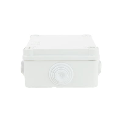 Caja Estanca de PVC Para Derivación y Conexión, 6 Entradas, Tapa con Tornillo de 1/4" de Vuelta, 100x100x50 mm (Área Interna), Uso Exterior IP55, Material que no Propaga el Fuego y Libre de Hálogenos