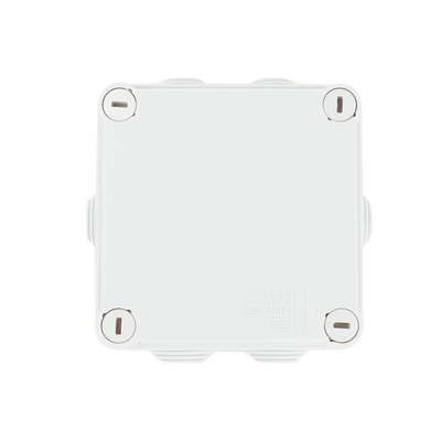 Caja Estanca de PVC Para Derivación y Conexión, 6 Entradas, Tapa con Tornillo de 1/4" de Vuelta, 100x100x50 mm (Área Interna), Uso Exterior IP55, Material que no Propaga el Fuego y Libre de Hálogenos
