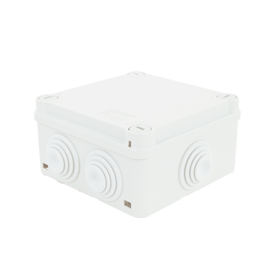 Caja Estanca de PVC Para Derivación y Conexión, 6 Entradas, Tapa con Tornillo de 1/4" de Vuelta, 100x100x50 mm (Área Interna), Uso Exterior IP55, Material que no Propaga el Fuego y Libre de Hálogenos