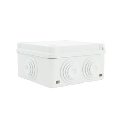 Caja Estanca de PVC Para Derivación y Conexión, 6 Entradas, Tapa con Tornillo de 1/4" de Vuelta, 100x100x50 mm (Área Interna), Uso Exterior IP55, Material que no Propaga el Fuego y Libre de Hálogenos