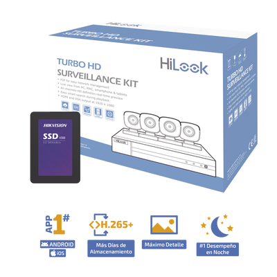KIT TurboHD 1080p + SSD de 500 GB / DVR 4 canales / 4 Cámaras Bala de Metal / Fuente de Poder / Accesorios de Instalación