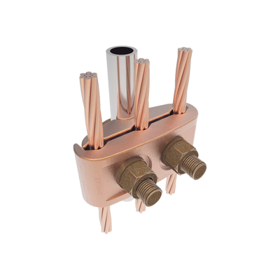 Conector Mecánico para 3 Cables para Calibre 2/0 AWG - 250 KCMIL a Tubería de 3/8"  o  Varilla 5/8" - 3/4".