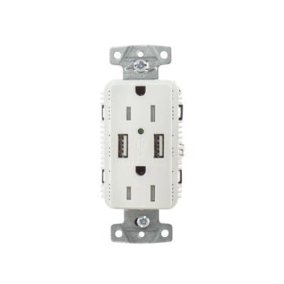 Contacto Dúplex con 2 Puertos USB, 15A 125V, 2 Polos, 3 Hilos, Color Blanco.