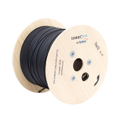 Carrete de 1 km de Fibra Óptica Aérea Mini Figura 8 G.657A2 tipo Drop, Monomodo de 2 Hilos (bifibra), Diseñada para Fusionarse, Color Negro, Span 80, (No Soporta Conectores Mecánicos)