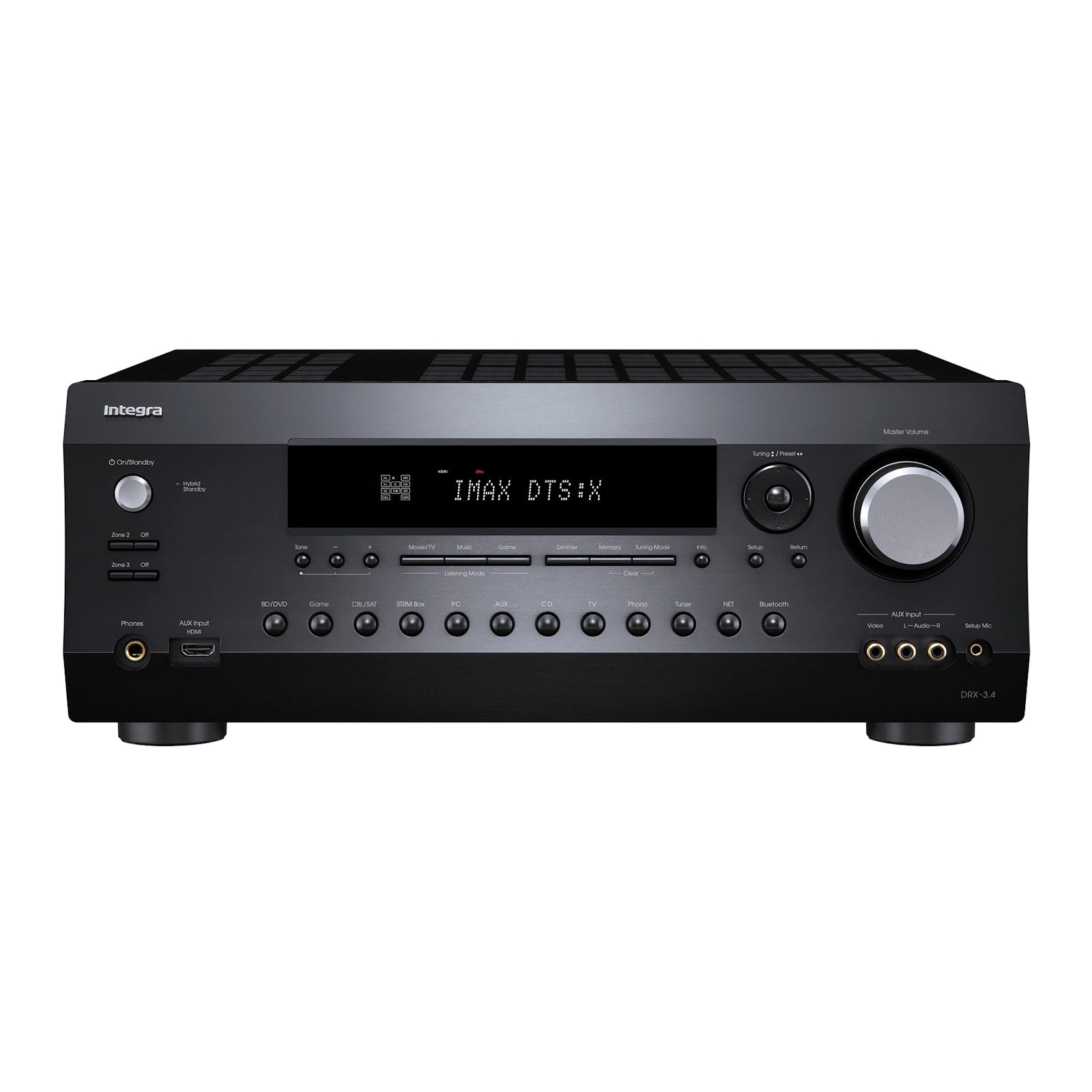 Integra DRX-3.4 Receptor A/V. 9.2 ch 100W/ch con procesamiento Dolby Atmos/DTS:X (7.2.2/5.2.4). Vídeo 8K/60p (HDMI 2.1) Incluye Dirac Live para corrección de sala. Certificación IMAX Enhanced. Excelente para integración domótica y audio multizona Zona 2/3
