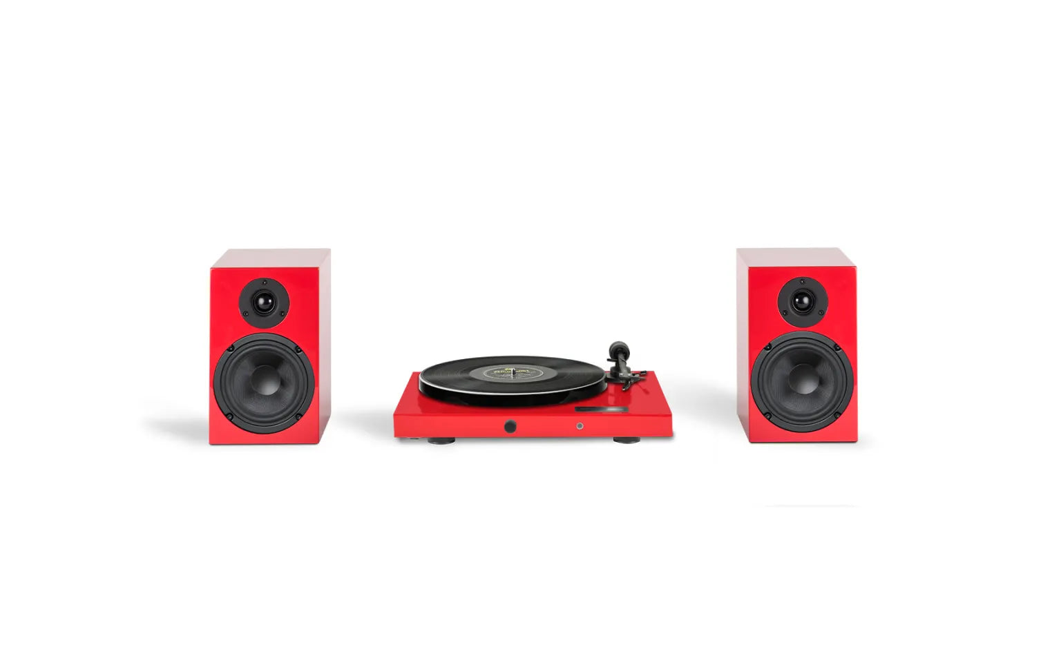 Tocadiscos con Bluetooth y bocinas Pro-Ject Juke Box E1 Hi-Fi Set en color rojo brillante brillante, sistema de alta fidelidad todo en uno listo para usar.