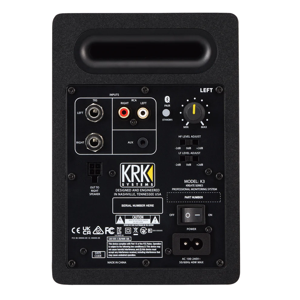 KRK KREATE 3 Monitores activos de 3.5" con cono de fibra de vidrio Aramida y tweeter de seda. Ofrecen 65W de potencia, SPL de 104 dB y respuesta hasta 33 kHz. Con conectividad Bluetooth 5.3, TRS y RCA. Ideal para mezcla precisa. 1 PAR